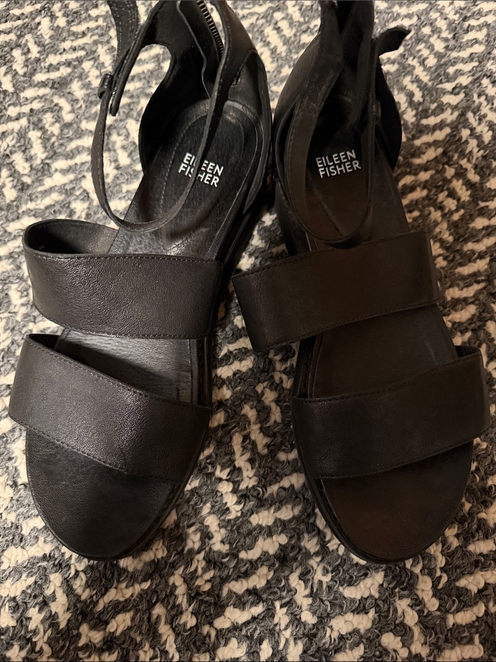 Eileen Fisher Black Leather Wide-Strap Platform Sandals - Picture 5 of 5